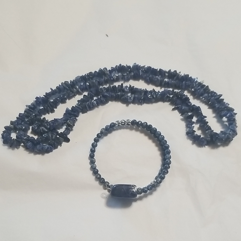 SODALITE 36" Chip Bead NECKLACE & Memory Wire BRACELET SET, NWOT,